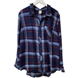 TERRA & SKY Boyfriend Shirt Size 1X Blue Plaid Rayon Button up Embroidered Colla